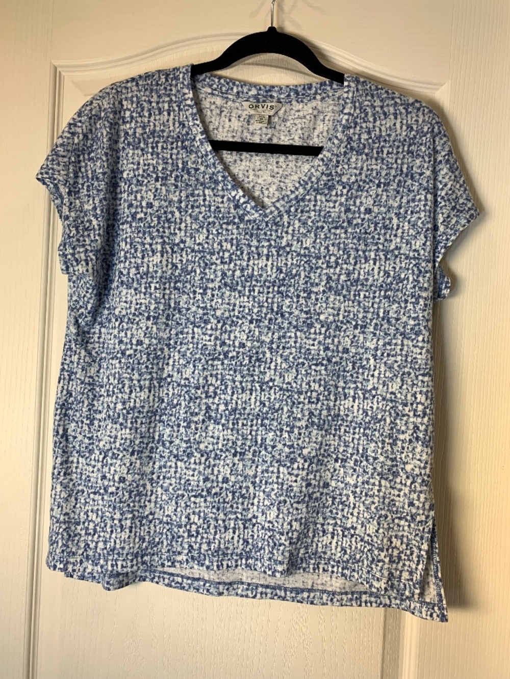 Orvis Linen Blend Blue White Abstract Print V-Neck Top Size M Casual Travel